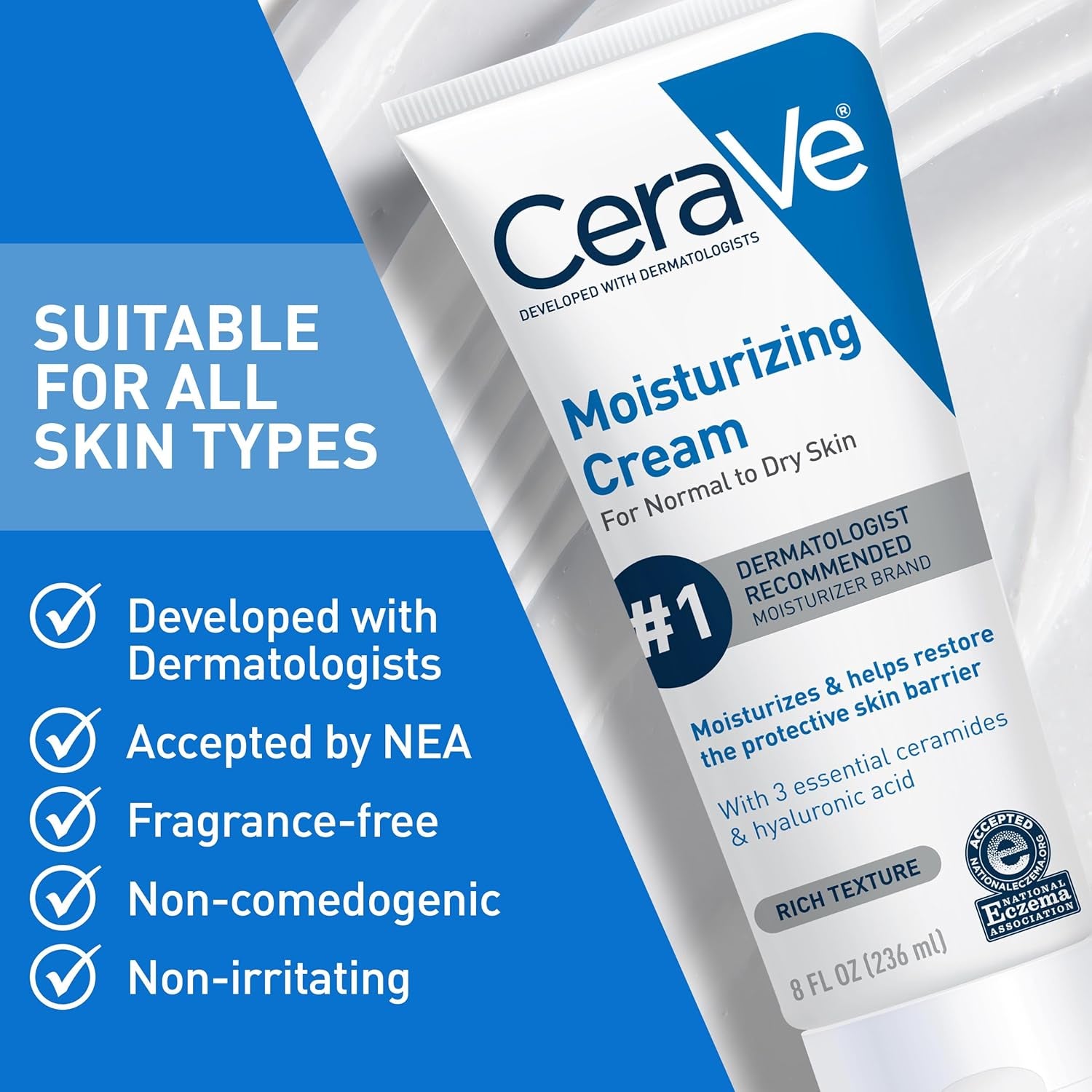 Moisturizing Cream, Body and Face Moisturizer for Dry Skin, Body Cream with Hyaluronic Acid and Ceramides, Daily Moisturizer, Oil-Free, Fragrance Free, Non-Comedogenic, 19 Ounce