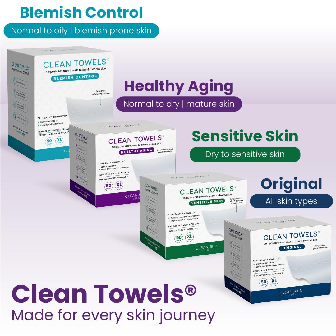 Clean Skin Club Healthy Aging Face Towels XL – Disposable Anti-Aging Clean Towels for Clear, Smooth Skin