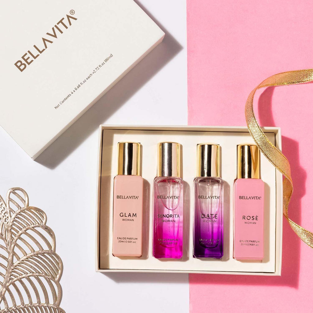 BellaVita Luxury Women’s Perfume Gift Set – 4 Signature Floral & Fruity Fragrances Collection