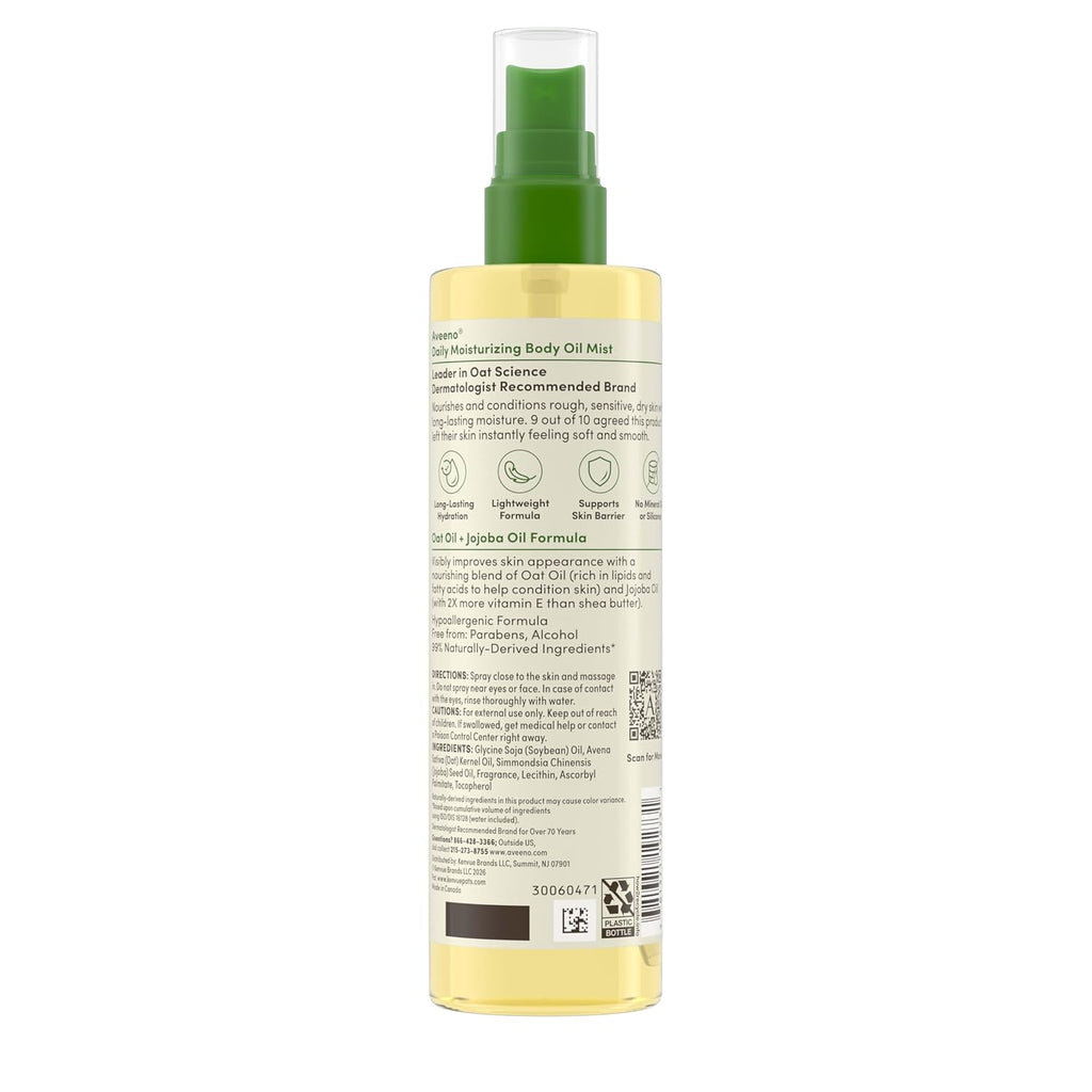 Aveeno Daily Moisturizing Body Oil Mist with Oat Oil and Jojoba Oil for Rough, Dry, Sensitive Skin, Nourishing Body Spray for Smoother, More Even Skin, Paraben- & Silicone-Free, 6.7 Fl. Oz