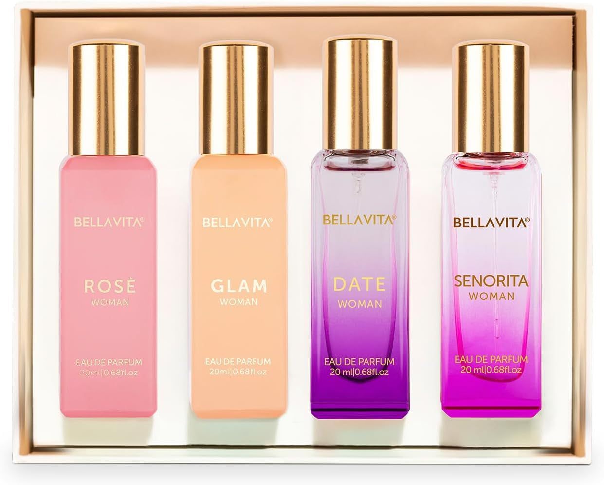 BellaVita Luxury Women’s Perfume Gift Set – 4 Signature Floral & Fruity Fragrances Collection