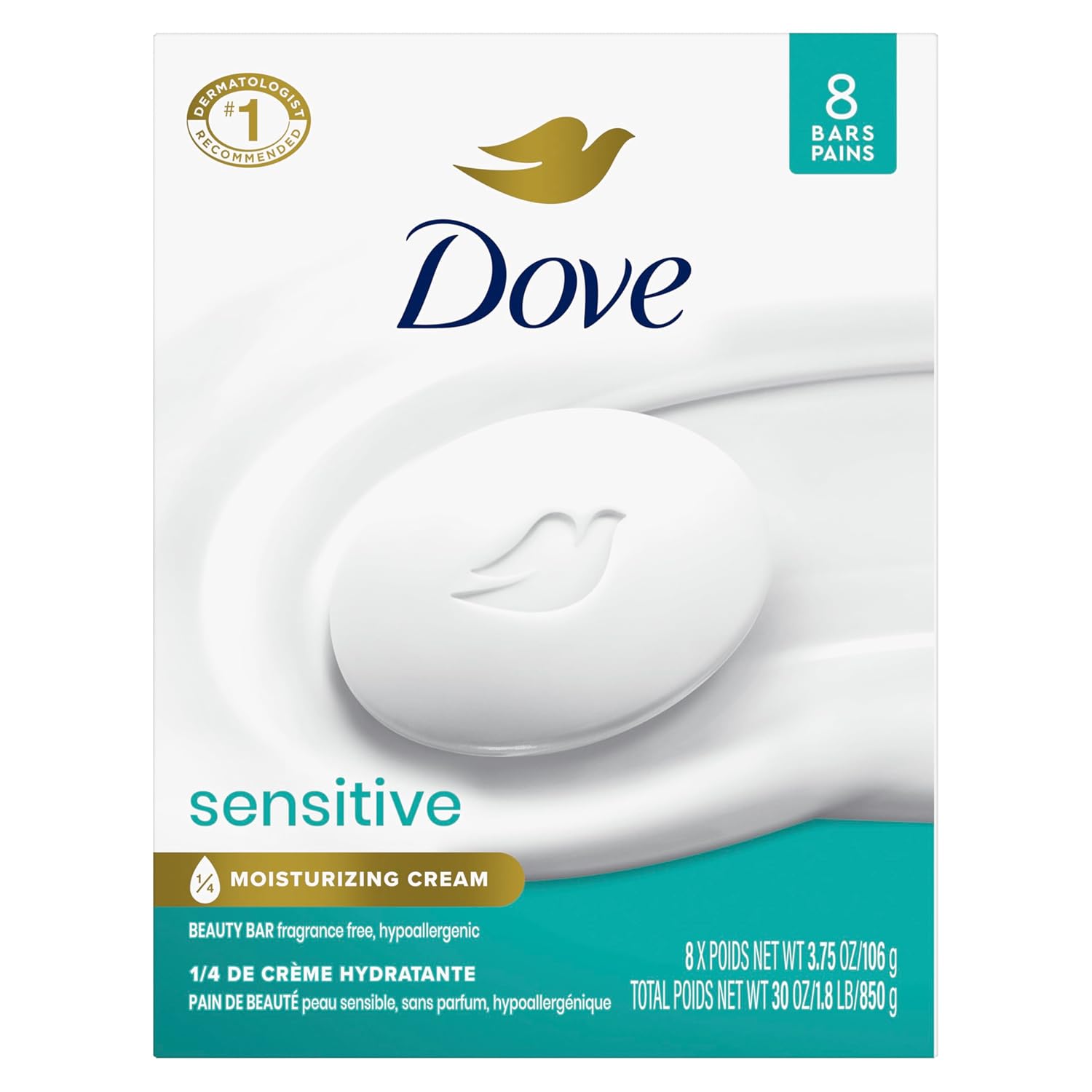 Dove Sensitive Skin Beauty Bar – Fragrance-Free Gentle Cleansing & Deep Moisture (8-Pack)