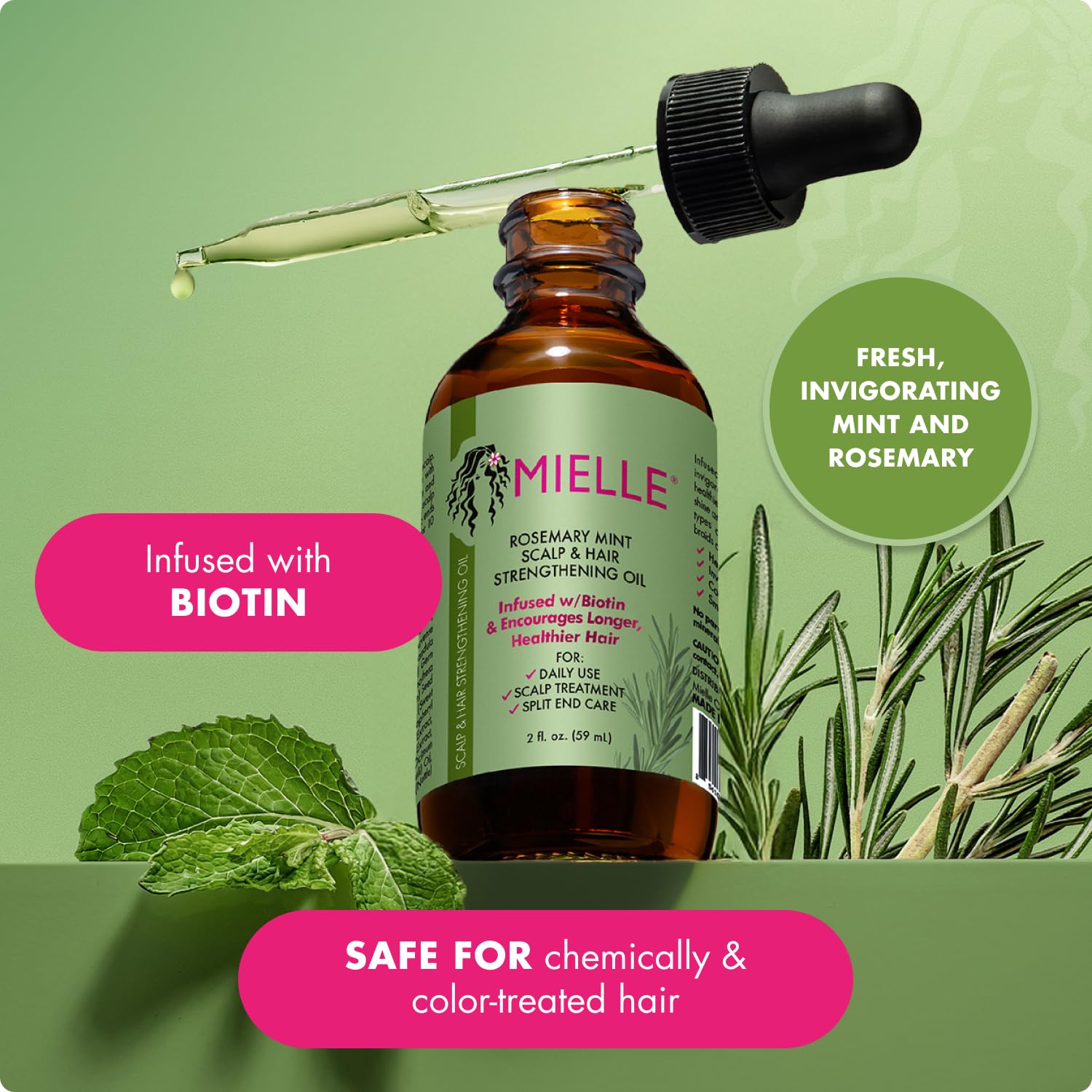 Mielle Rosemary Mint Hair Growth Oil – Biotin Strengthening Scalp & Split Ends Treatment for Thicker, Healthier Hair