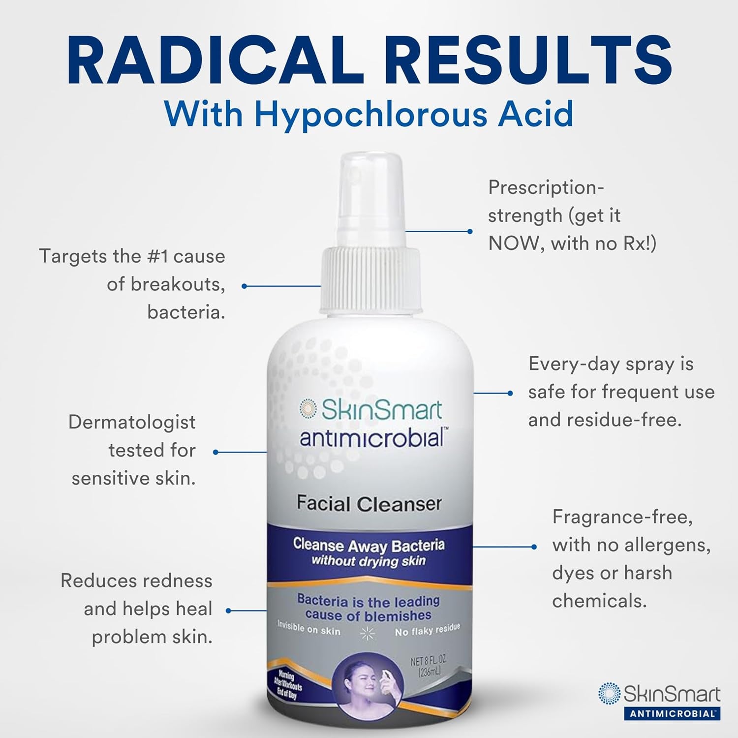 SkinSmart Hypochlorous Acne Defense Spray – Antimicrobial Facial Cleanser for Breakouts, Redness & Sensitive Skin (8 oz)