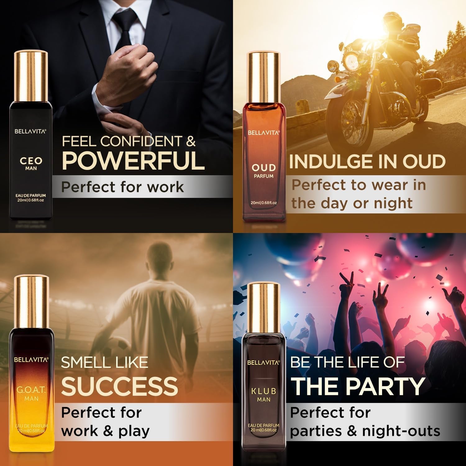 BellaVita Luxury Men’s Perfume Gift Set – 4 Premium Long-Lasting Fragrances Collection