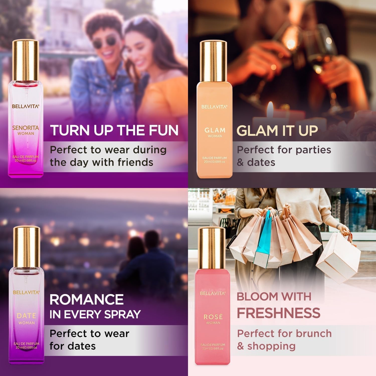 BellaVita Luxury Women’s Perfume Gift Set – 4 Signature Floral & Fruity Fragrances Collection