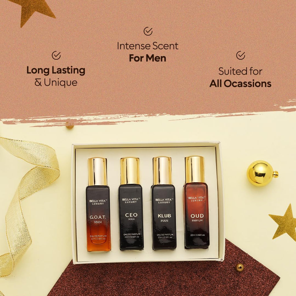BellaVita Luxury Men’s Perfume Gift Set – 4 Premium Long-Lasting Fragrances Collection