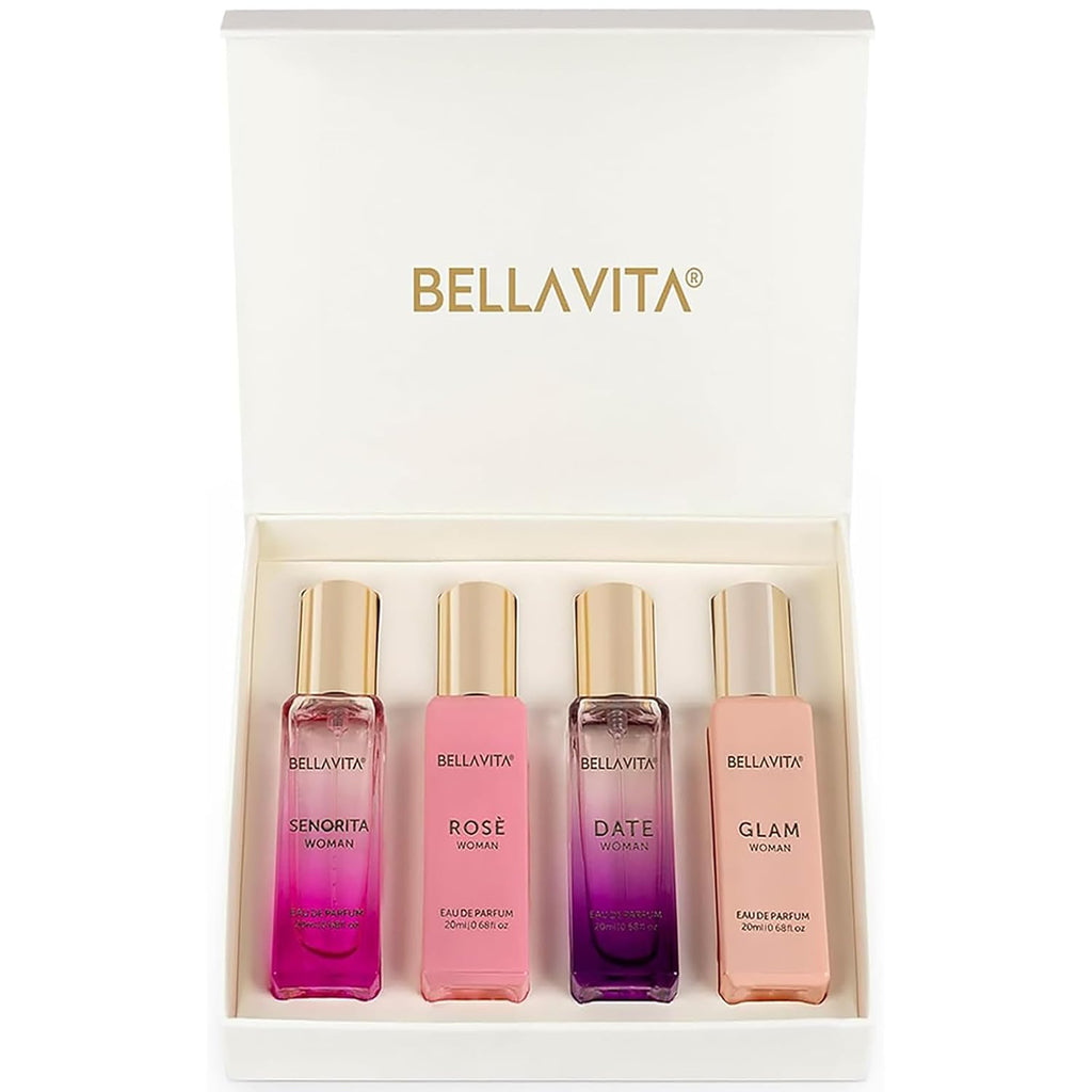 BellaVita Luxury Women’s Perfume Gift Set – 4 Signature Floral & Fruity Fragrances Collection