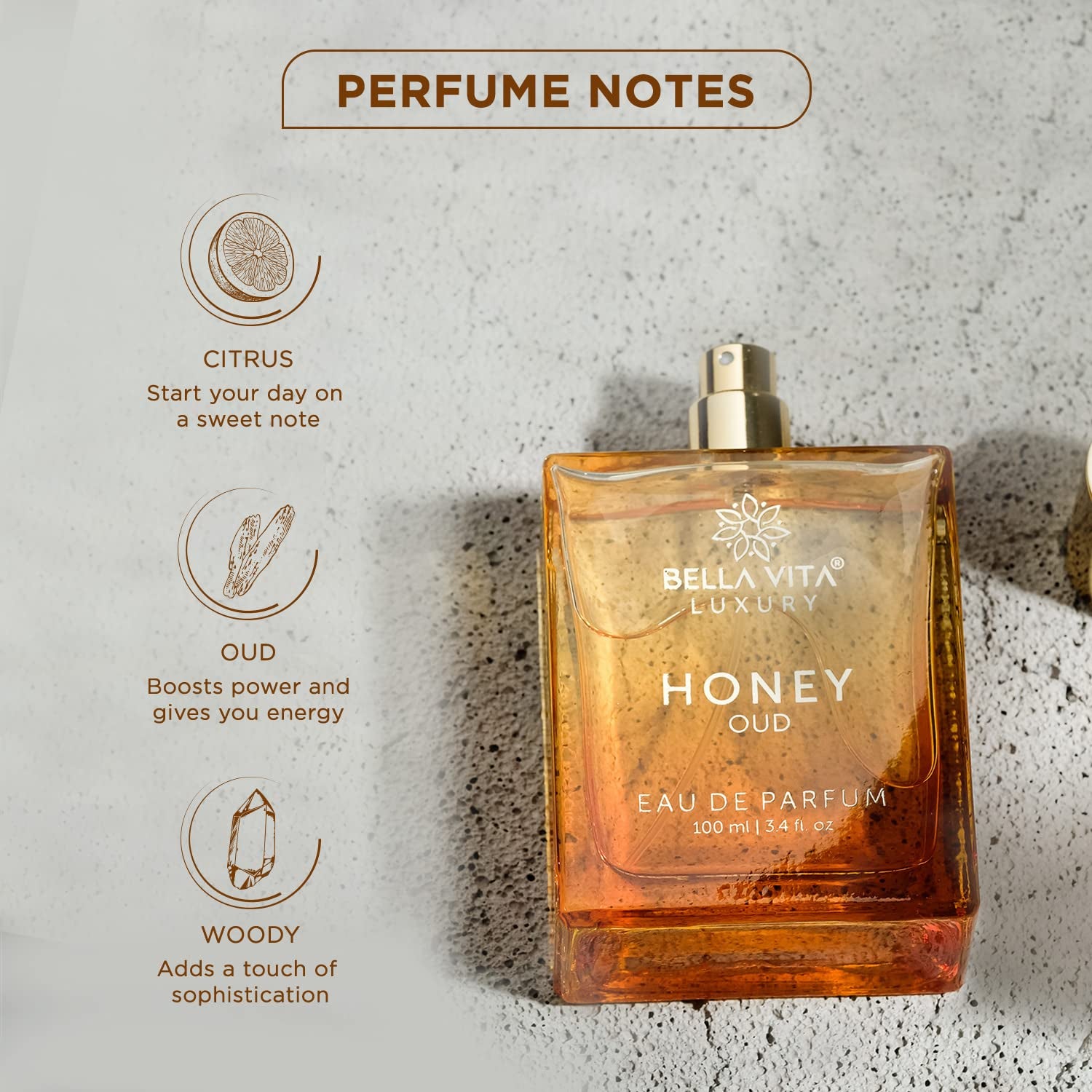 BellaVita Honey Oud Eau De Parfum – Sweet Amber Oud Luxury Unisex Fragrance